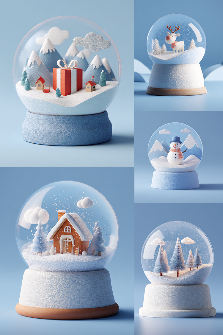 Four decorative snow globe ornaments arranged on a light blue background, each with a different winter scene inside: mountains with a gift box, a reindeer, a snowman, and a small house with trees. The globes have clear domes, white and pale blue bases, and some have tan circular accents.