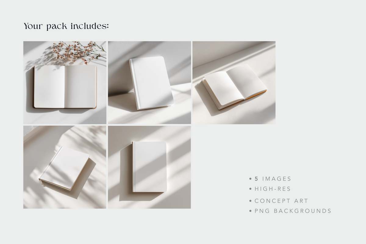 A promotional graphic for a mockup pack showing five minimalist white notebook and book mockup scenes with soft sunlight and shadows on a light gray background. Text reads 'Your pack includes:' and lists '5 images', 'high-res', 'concept art', and 'PNG backgrounds'.