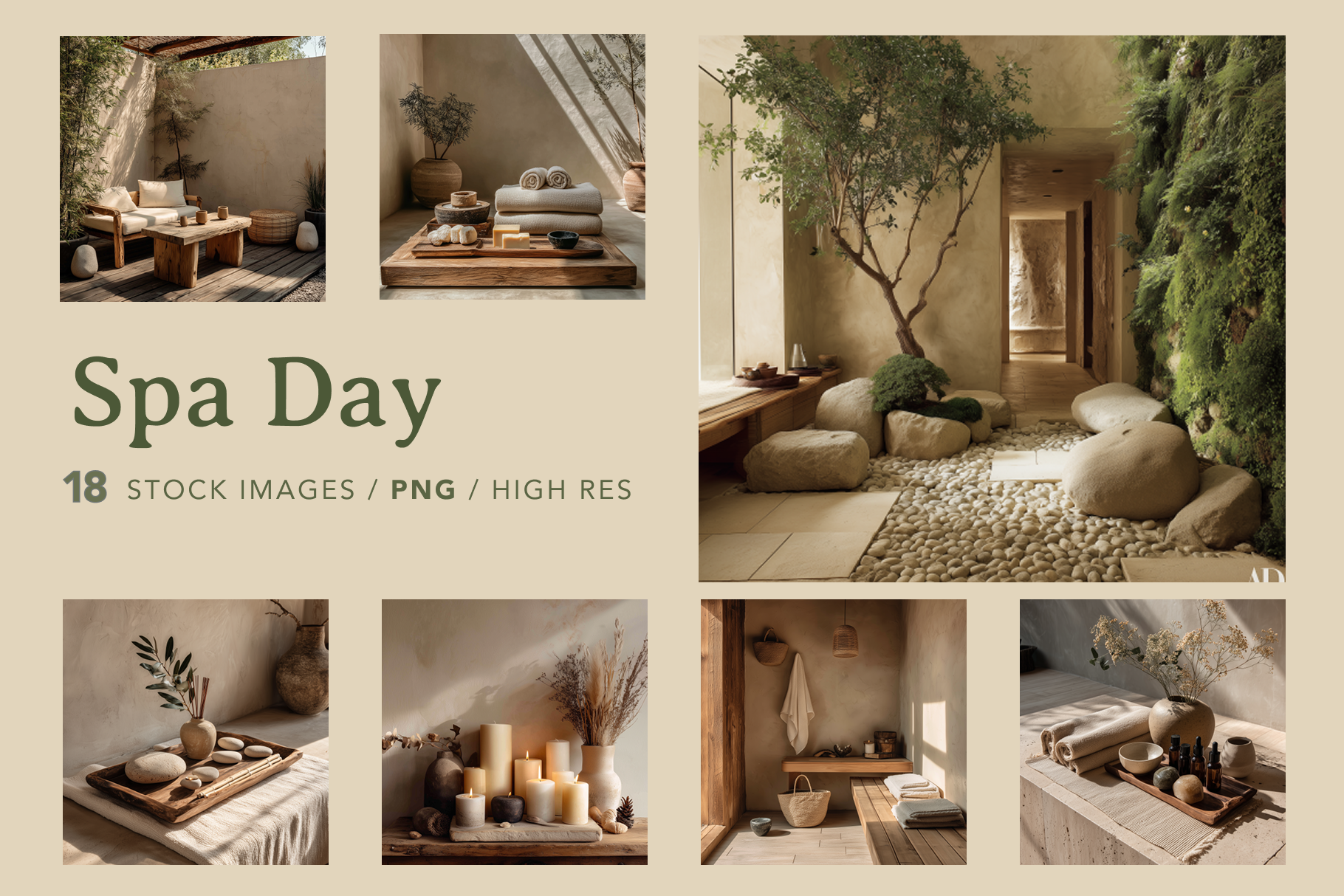 Collage of spa-themed images with text indicating 'Spa Day' stock images.