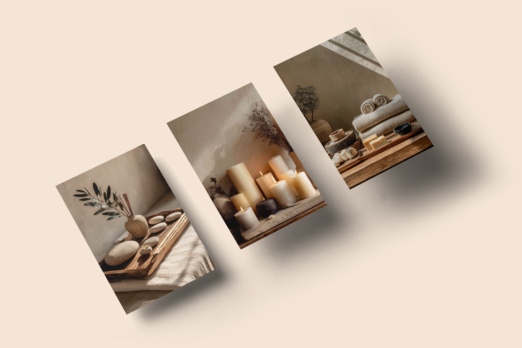 Three square images of home decor items on a beige background