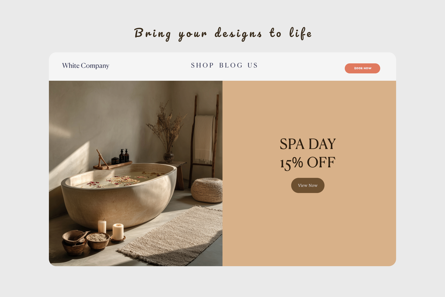 Website homepage with a bathtub and promotional text for 'SPA DAY 15% OFF'.