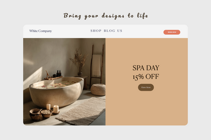 Website homepage with a bathtub and promotional text for 'SPA DAY 15% OFF'.
