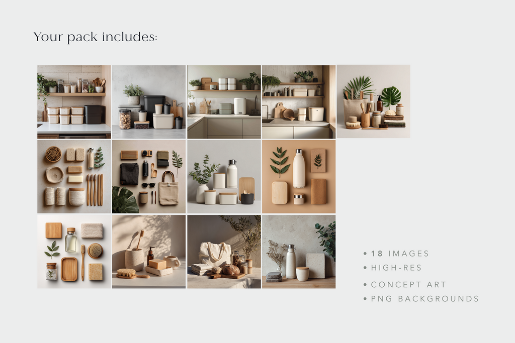 Collage of product images with a neutral color palette on a white background