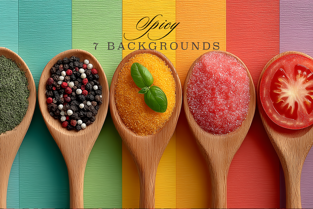 A colorful graphic layout featuring five wooden spoons filled with various spices and ingredients, including green herbs, mixed peppercorns, yellow granules with a basil leaf, red sugar or salt, and a sliced red tomato. The background consists of vertical rainbow-colored stripes, and the text 'Spicy 7 BACKGROUNDS' is written at the top.