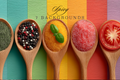 A colorful graphic layout featuring five wooden spoons filled with various spices and ingredients, including green herbs, mixed peppercorns, yellow granules with a basil leaf, red sugar or salt, and a sliced red tomato. The background consists of vertical rainbow-colored stripes, and the text 'Spicy 7 BACKGROUNDS' is written at the top.