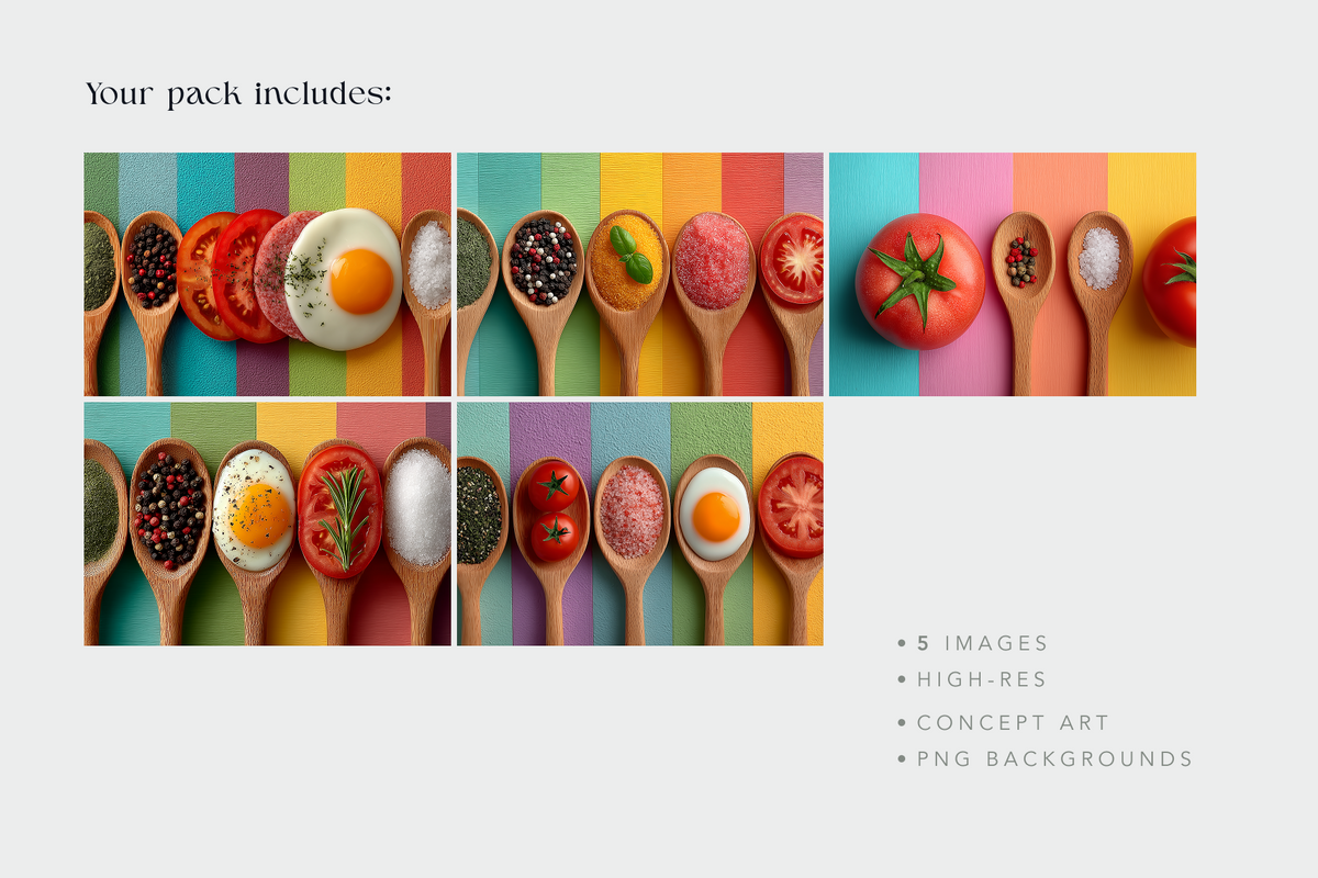 A promotional graphic for a digital pack showing six colorful food-themed vertical striped backgrounds, each styled with wooden spoons holding ingredients like tomatoes, eggs, spices, and herbs. Text reads 'Your pack includes:' and lists '5 images', 'HIGH-RES', 'CONCEPT ART', and 'PNG BACKGROUNDS'.