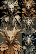 Collage of a detailed dragon mask with leaf-like textures in various color schemes.