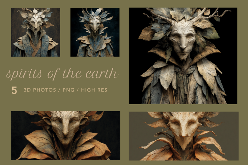 Stylized creature head with 'spirits of the earth' text and product details.