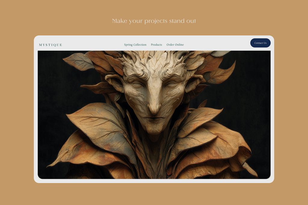 Website interface with a fantasy creature design on a brown background