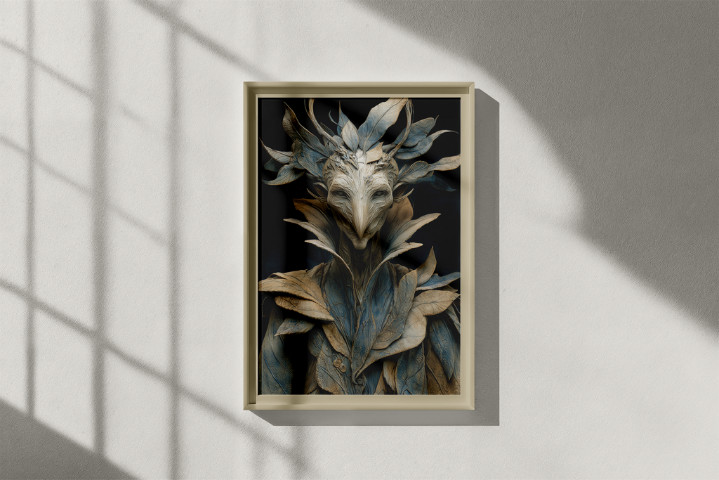 Framed artwork of a leaf-like design on a wall with shadows.