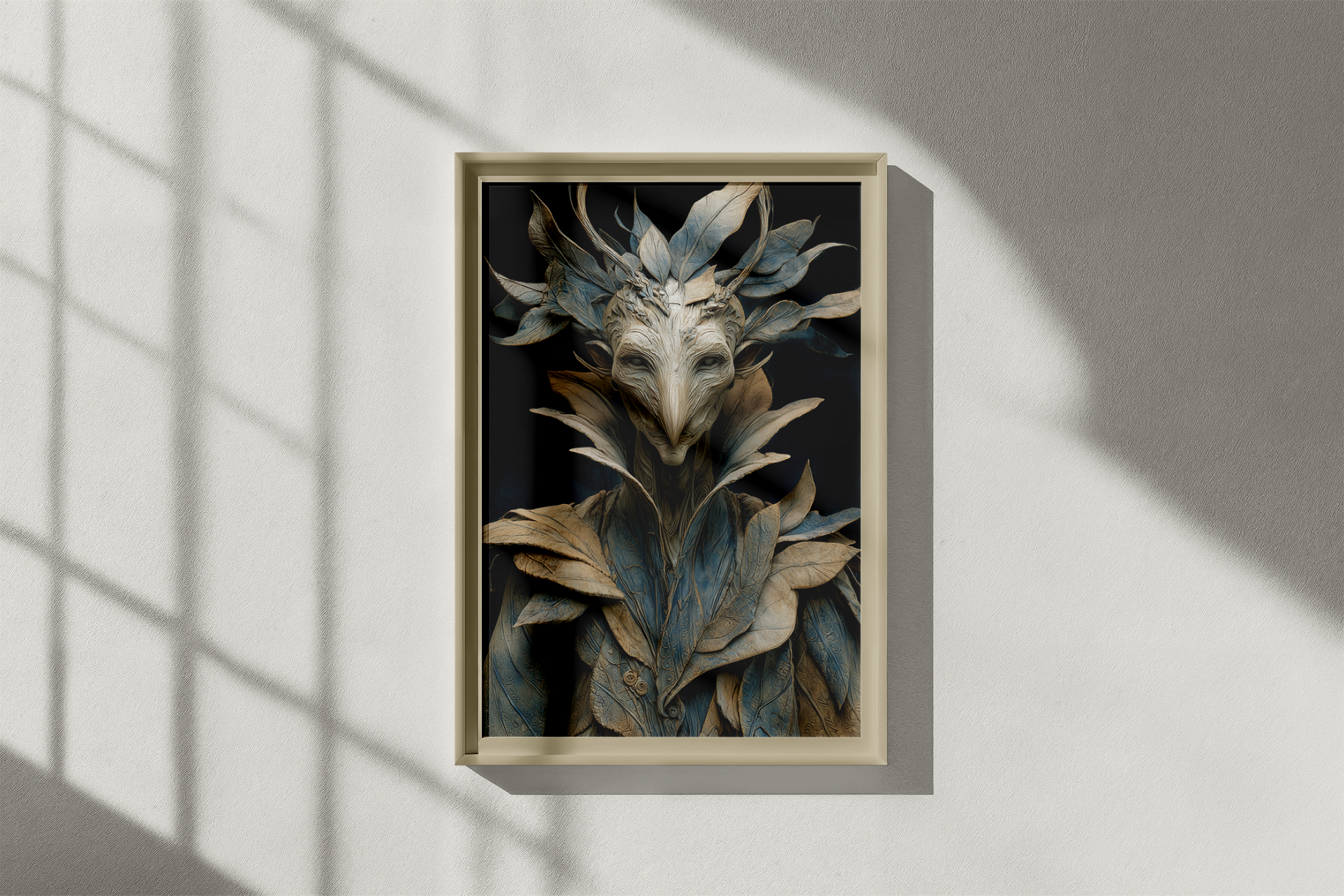 Framed artwork of a leaf-like design on a wall with shadows.