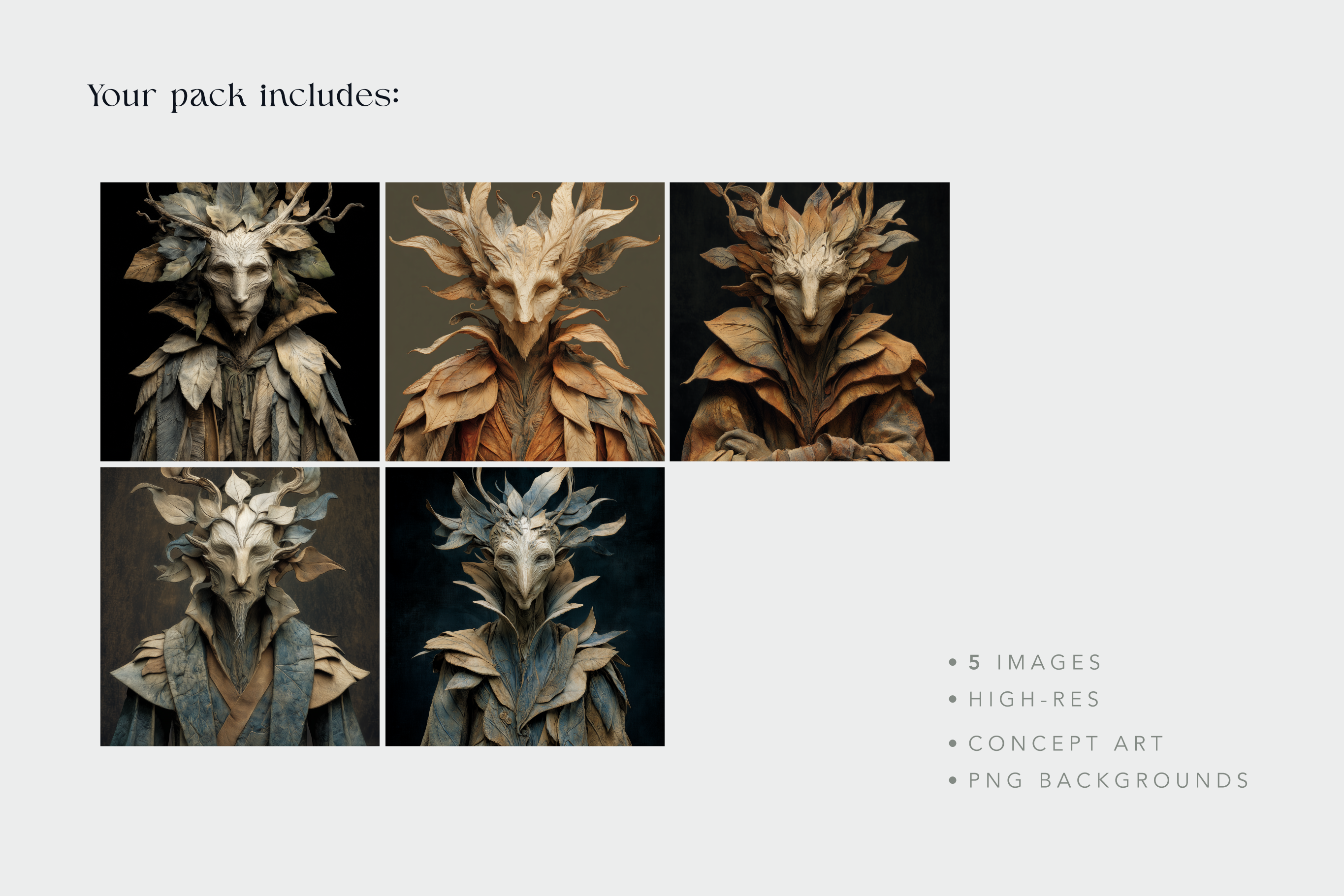 Set of six high-resolution images of fantasy masks on a gray background with text indicating contents.