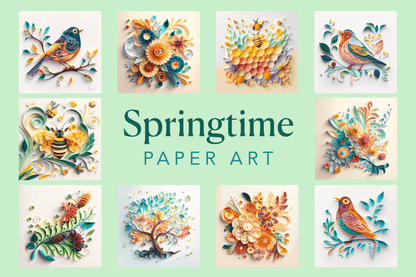 Paper art quilling of spring themed illustrations