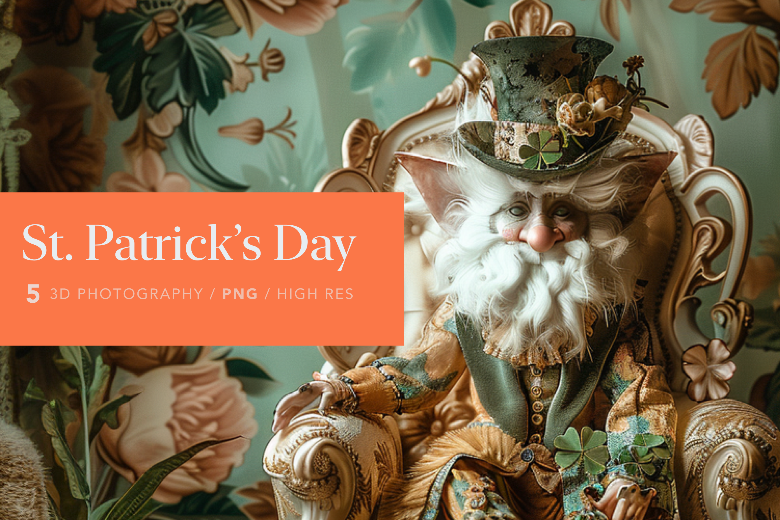 A digital illustration of a whimsical leprechaun character with a beard and top hat, styled in a colorful and ornate setting, celebrating St. Patrick's Day.