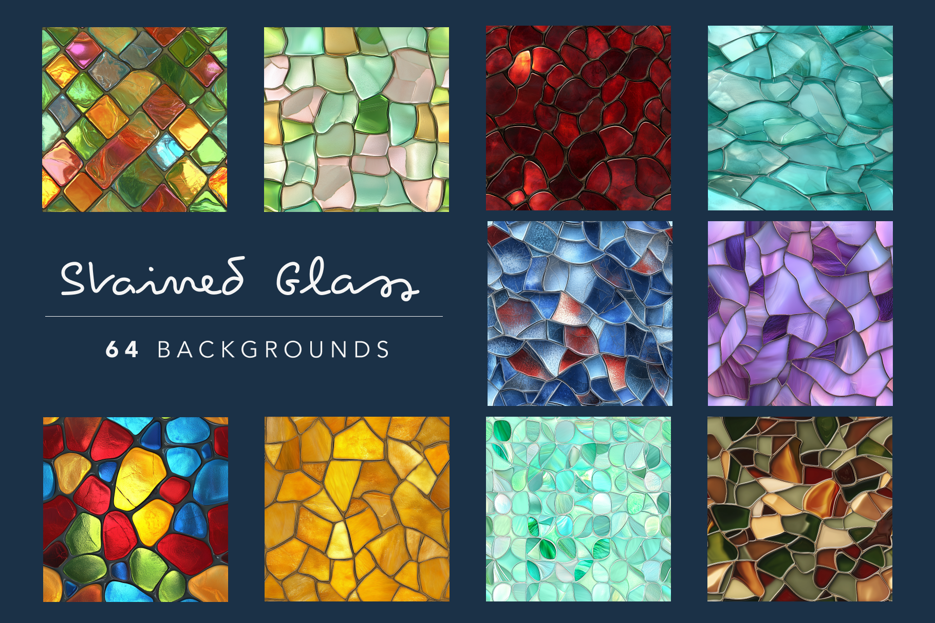 A collection of high-resolution stained glass background images in various colors and patterns.