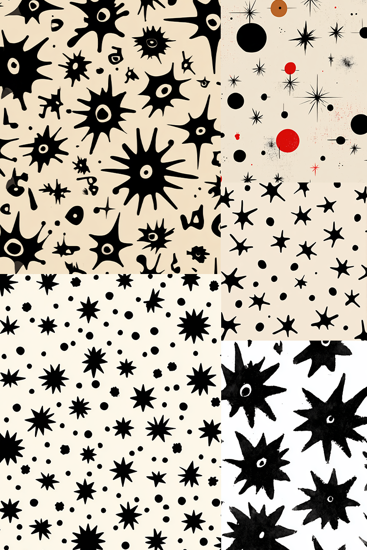 A repeating abstract pattern collage featuring black spiky starbursts, dots, and small star motifs on cream, white, and light beige backgrounds, with a few small red and brown accents.