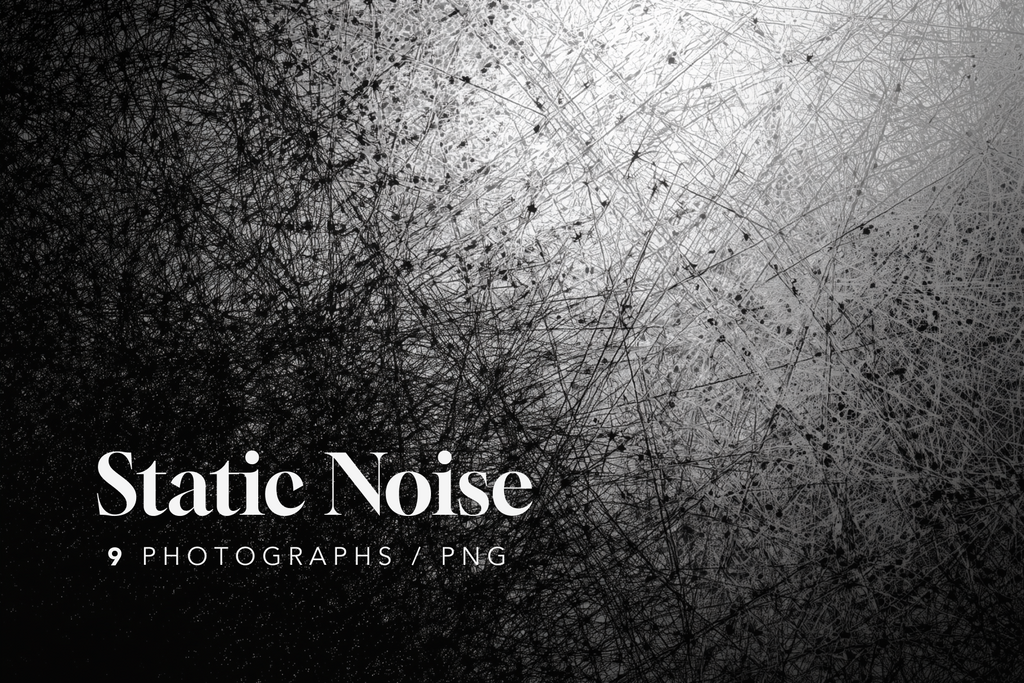 Text 'Static Noise' with '9 photographs / PNG' on a black and white abstract background.