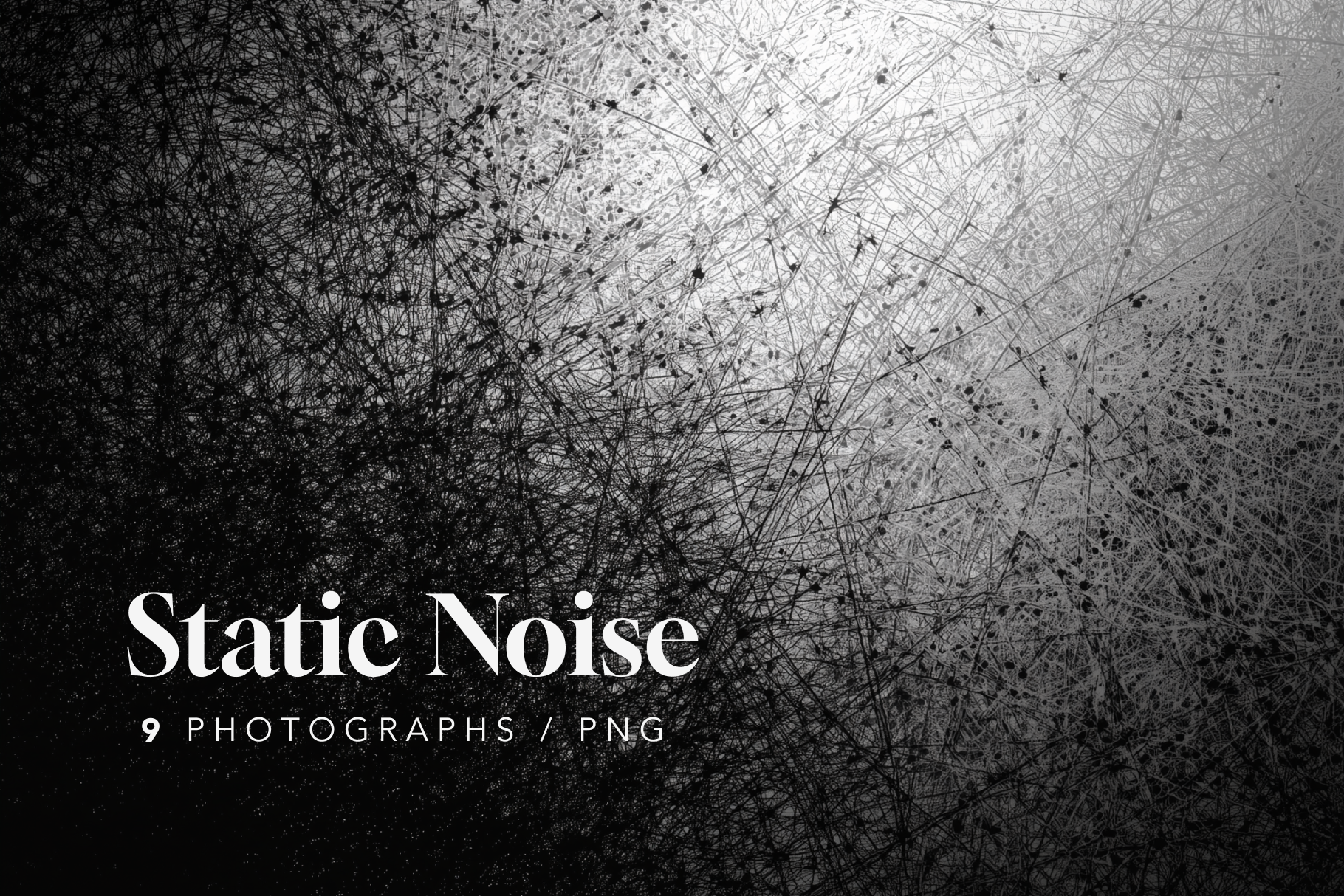 Text 'Static Noise' with '9 photographs / PNG' on a black and white abstract background.