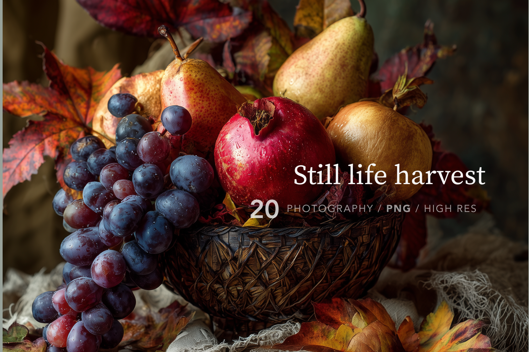 Still life arrangement with fruits and leaves labeled 'Still life harvest'.