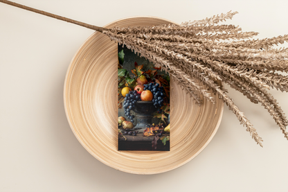 Wooden plate with a small painting of a still life scene and decorative grasses on a light background