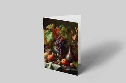 Greeting card with a still life painting design featuring fruits and a vase on a gray background
