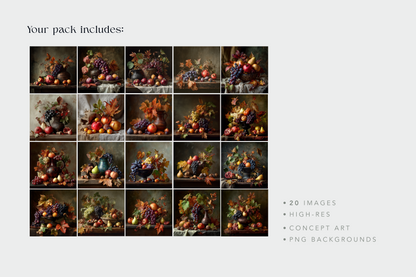 Grid of still life compositions with fruits and flowers, labeled as part of a pack with 20 high-res images.