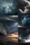 A six-panel collage of dramatic storm clouds over coastal and open landscape scenes, with dark blue-gray clouds, rain in the distance, and warm orange light near the horizon.
