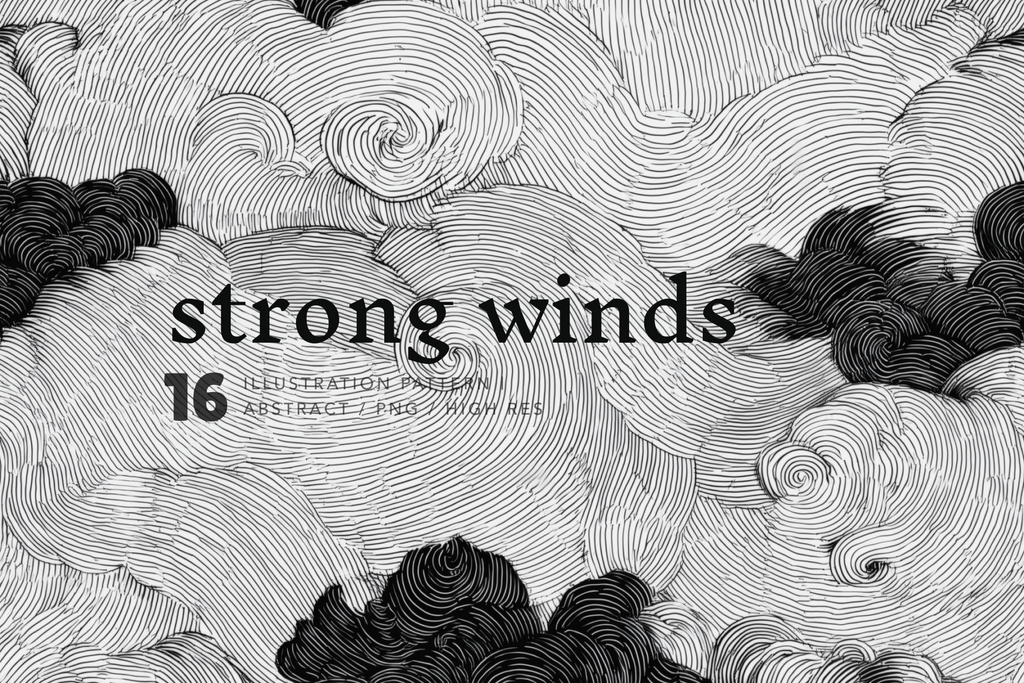 Black and white illustration pattern with text 'strong winds' on a textured background