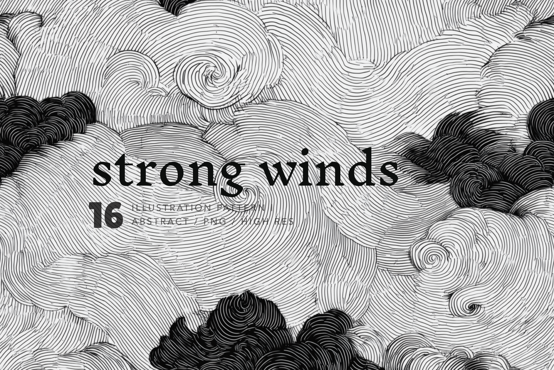 Black and white illustration pattern with text 'strong winds' on a textured background