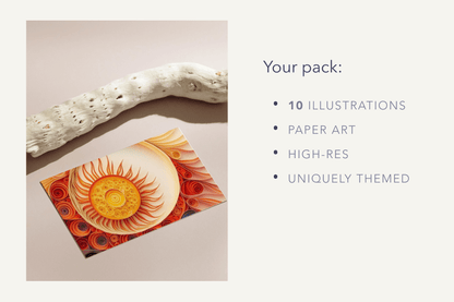 A photograph of a business card with an abstract sun artwork made with paper quilling technique.