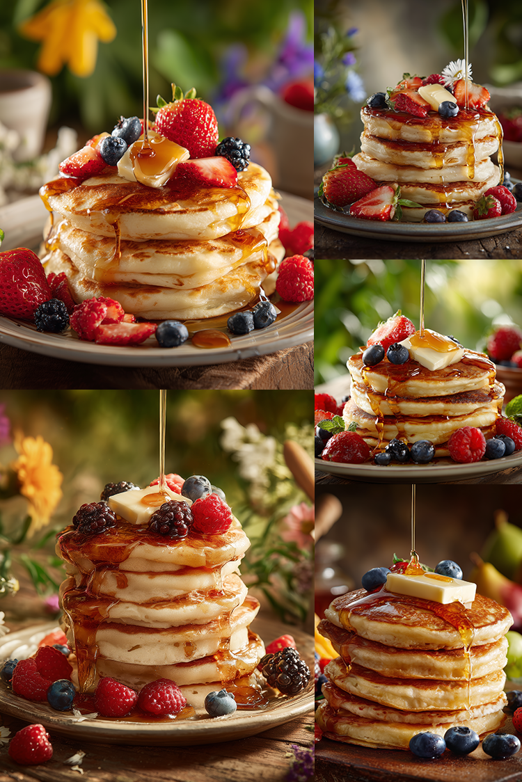 A collage of five close-up views of a tall stack of pancakes topped with fresh berries, a pat of butter, and pouring syrup, set in a warm, softly blurred outdoor and kitchen-like environment.