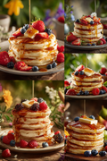 A collage of five close-up views of a tall stack of pancakes topped with fresh berries, a pat of butter, and pouring syrup, set in a warm, softly blurred outdoor and kitchen-like environment.