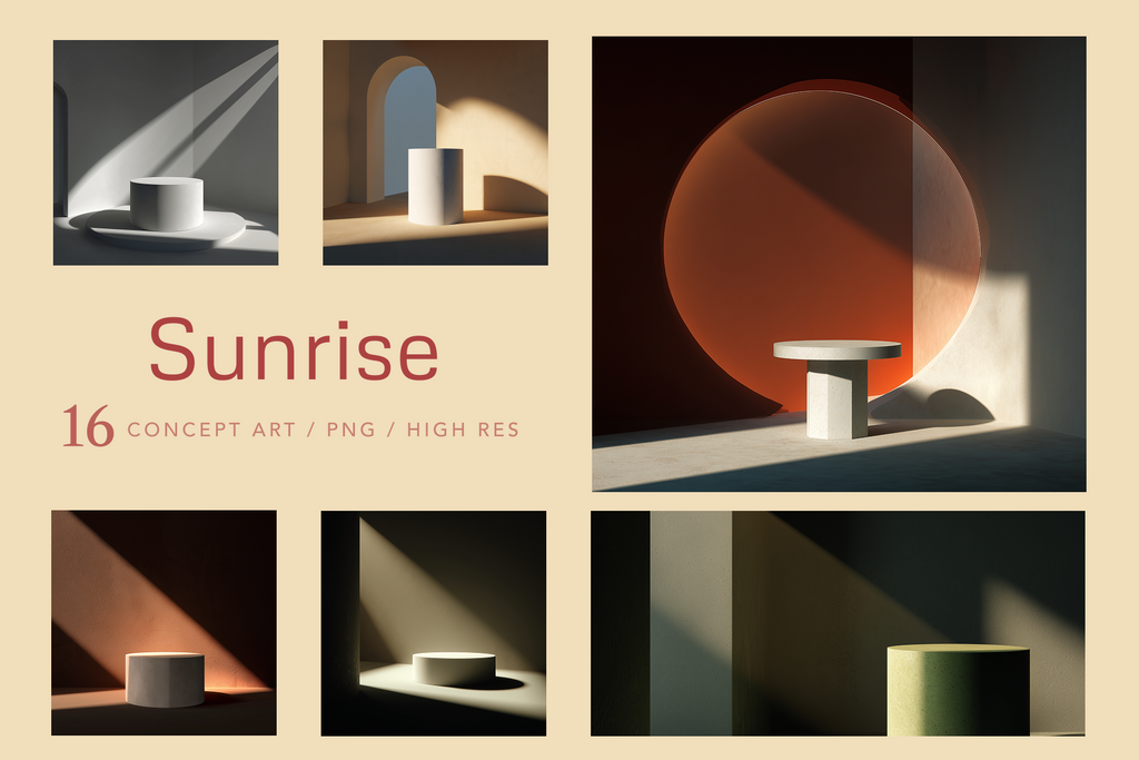 A promotional collage for a set of six concept art images titled 'Sunrise', showing abstract geometric scenes with cylindrical pedestals, arches, and a large orange circular form in shadowed lighting. Text reads '16 CONCEPT ART / PNG / HIGH RES'.