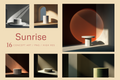 A promotional collage for a set of six concept art images titled 'Sunrise', showing abstract geometric scenes with cylindrical pedestals, arches, and a large orange circular form in shadowed lighting. Text reads '16 CONCEPT ART / PNG / HIGH RES'.