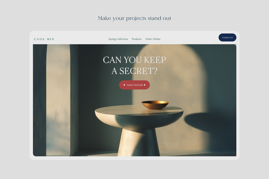 A website banner mockup for 'COOL MIX' featuring a minimalist interior design scene with a stone pedestal and a small bronze bowl under dramatic warm lighting, with overlaid text 'CAN YOU KEEP A SECRET?' and a red 'Learn More' button.