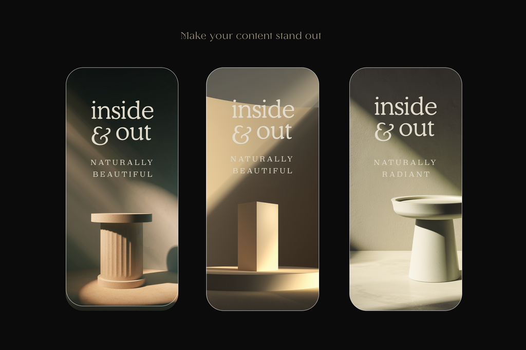 Three vertical promotional panels with rounded corners on a black background, each showing the text 'inside & out' and 'NATURALLY BEAUTIFUL' above a minimalist beige architectural object. The panels feature warm, moody lighting and appear to be a digital design mockup or social media template set.