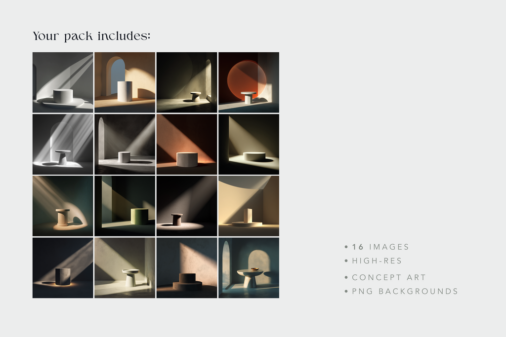 A promotional graphic for a digital art pack showing a 4x4 grid of dark, moody concept art images with light beams and sculptural objects. Text on the left reads 'Your pack includes:' and text on the right lists '16 IMAGES', 'HIGH-RES', 'CONCEPT ART', and 'PNG BACKGROUNDS' on a light gray background.