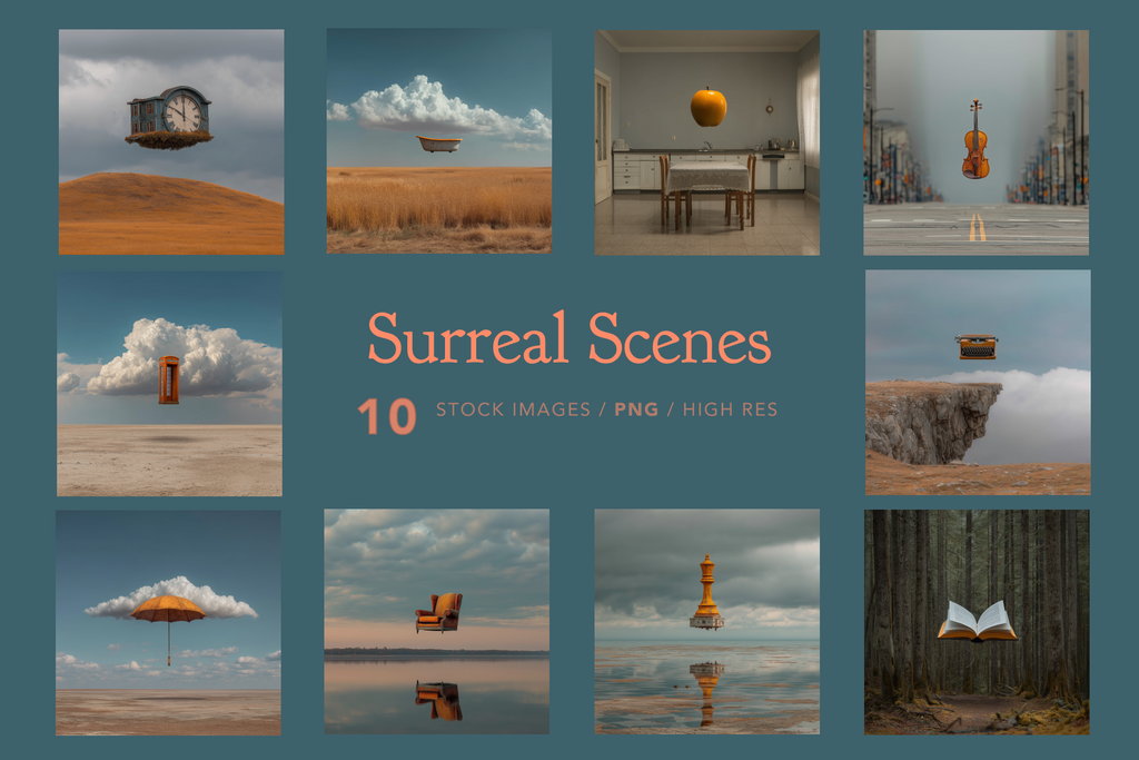 Collage of surreal scenes with text indicating 'Surreal Scenes' and '10 Stock Images'.