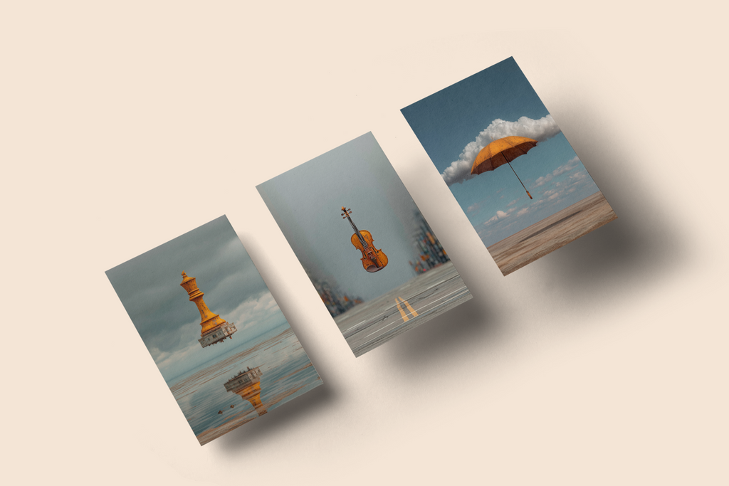 Three rectangular cards with artistic illustrations of a lighthouse, violin, and cloud with a boat on a beige background.