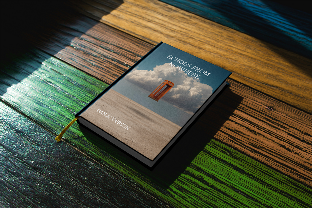 Book titled 'Echoes from Nowhere' on a wooden surface with a cloud and door illustration.