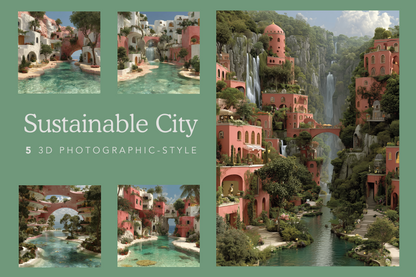 Collage of a sustainable cityscape with buildings, water, and greenery on a green background.
