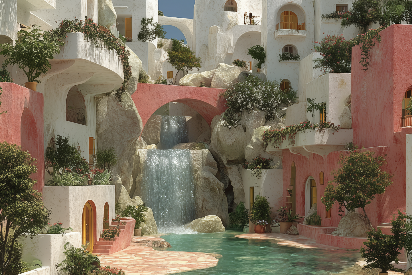 Colorful architectural structures with a waterfall and pool