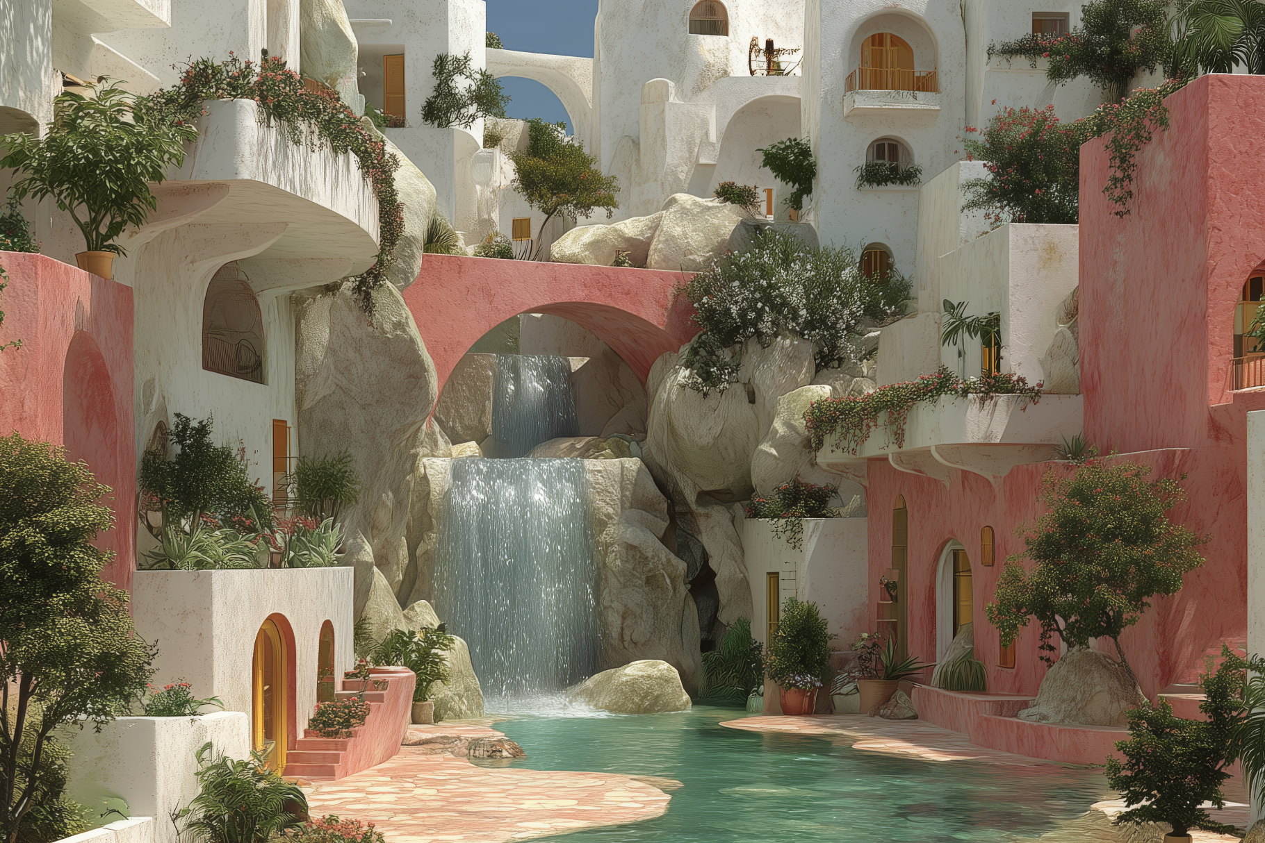 Colorful architectural structures with a waterfall and pool