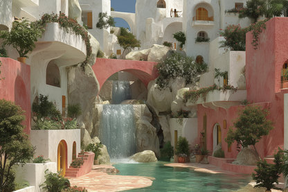Colorful architectural structures with a waterfall and pool