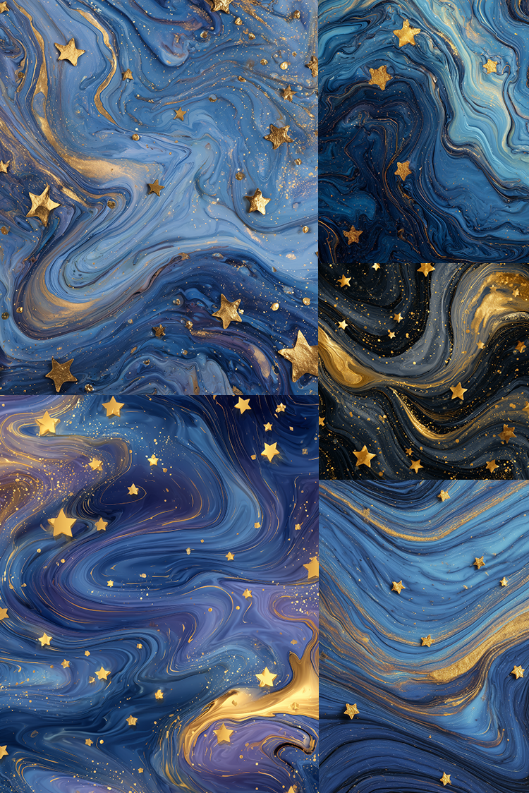 Four-panel celestial marble pattern featuring swirling blue, navy, and gold textures with scattered gold stars.