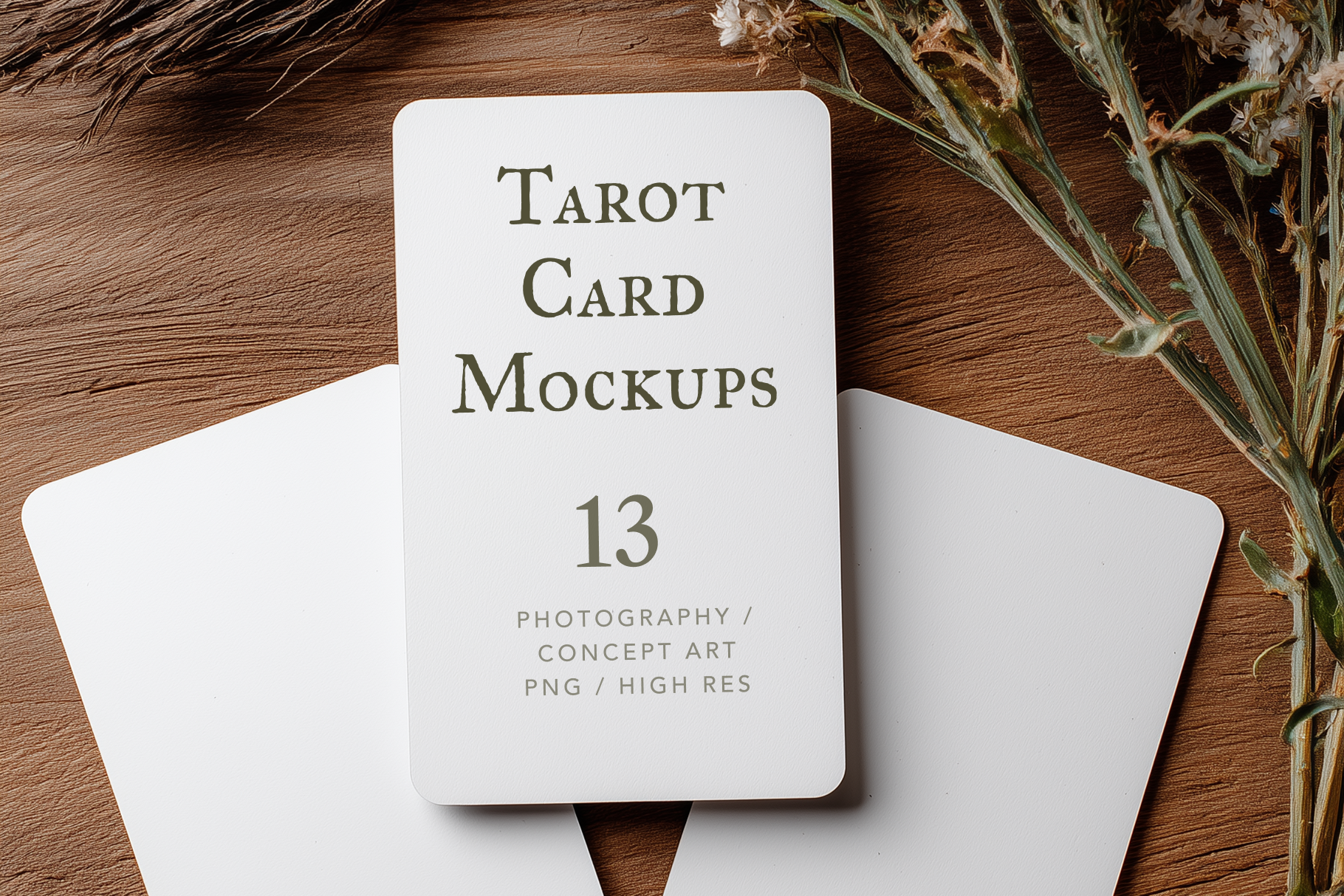 Tarot card mockup with 'Tarot Card Mockups' text on a wooden surface.