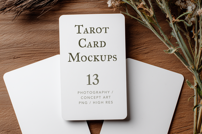 Tarot card mockup with 'Tarot Card Mockups' text on a wooden surface.