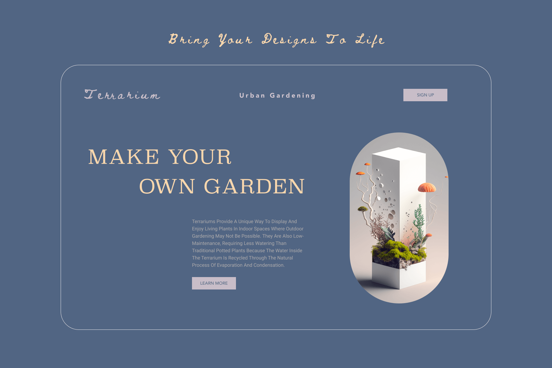 Web design of a terrarium themed website with a terrarium illustration on the right hand side.