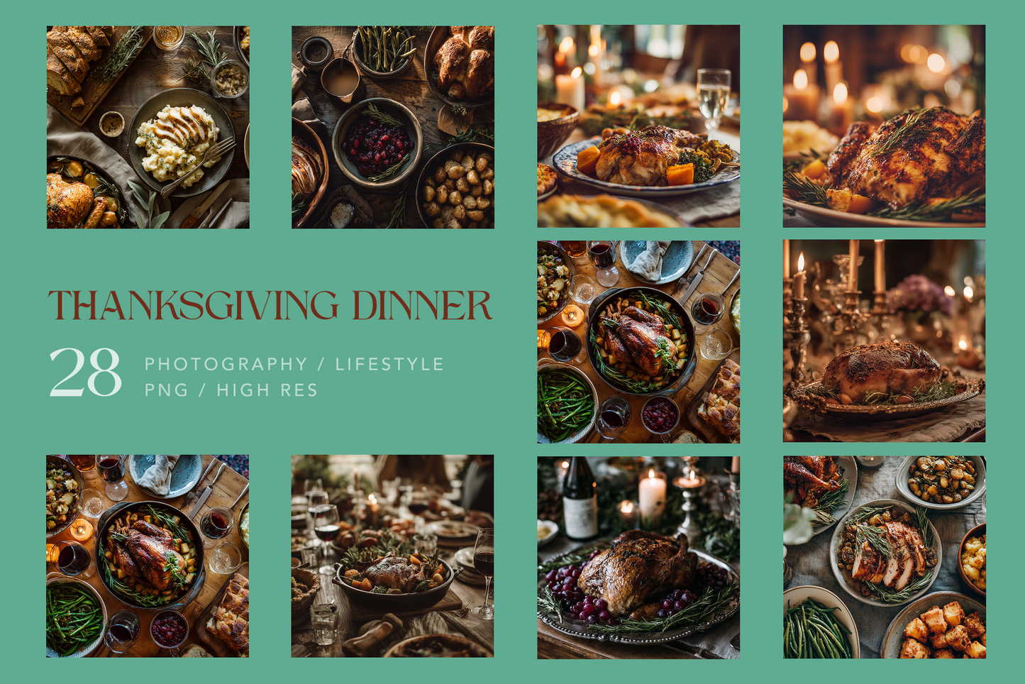 Collage of Thanksgiving dinner images with text on a teal background