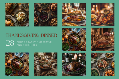 Collage of Thanksgiving dinner images with text on a teal background
